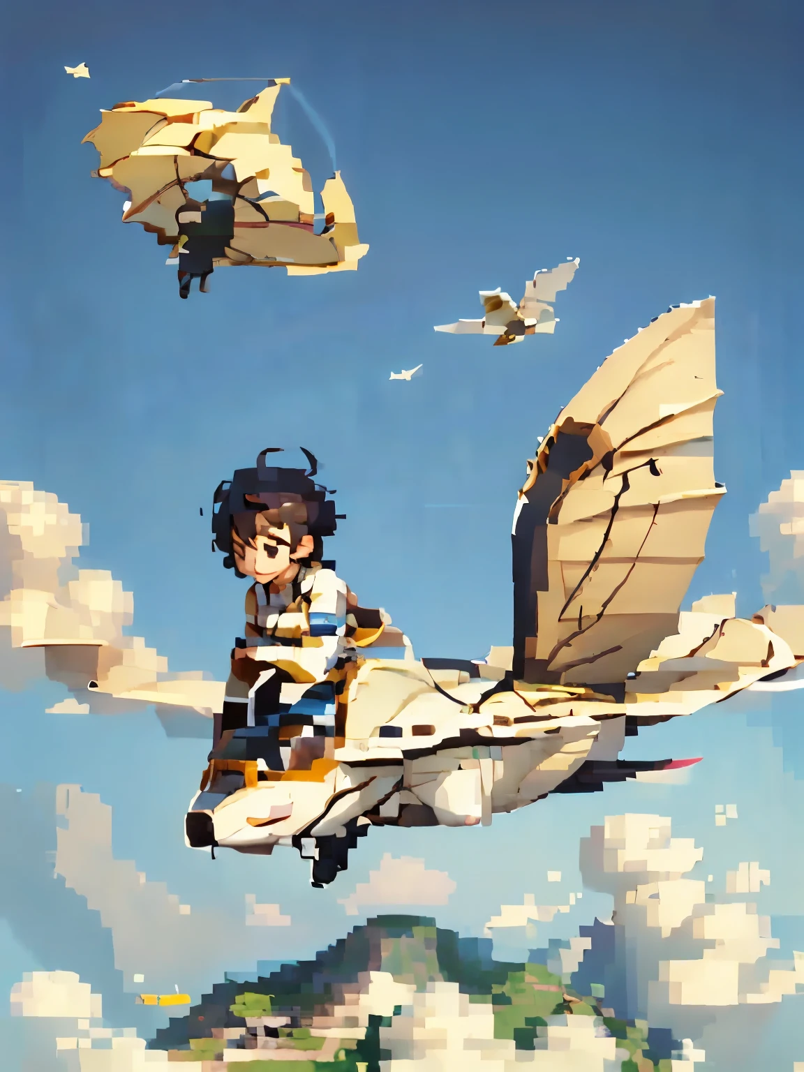  beautiful girls 、 fly in the sky on a glider in the shape of a bird's wing、Take off from a cliff 、Alone、 short cut hair where you fold your hands behind your head、(goggles)、boots、 blue sky and white clouds 、( pixel art:1.2)、