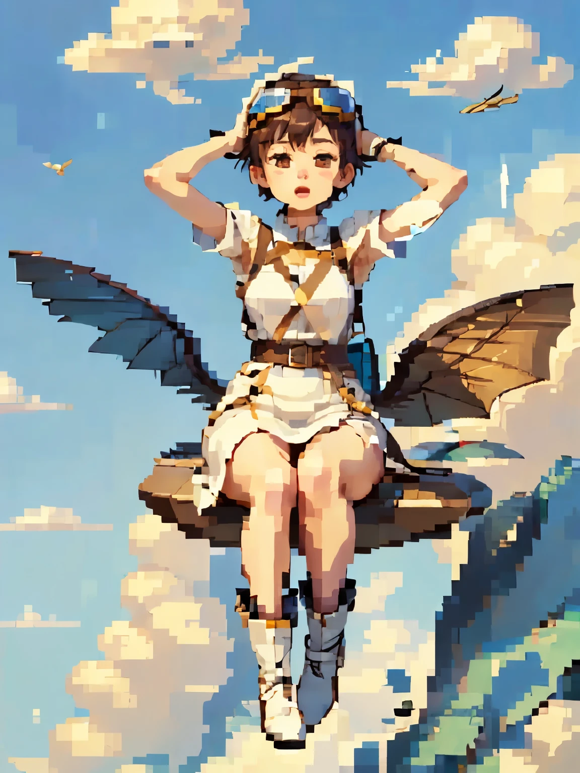 beautiful girls 、 fly in the sky on a glider in the shape of a bird's wing、Take off from a cliff 、Alone、 short cut hair where you fold your hands behind your head、(goggles)、boots、 blue sky and white clouds 、( pixel art:1.2)、