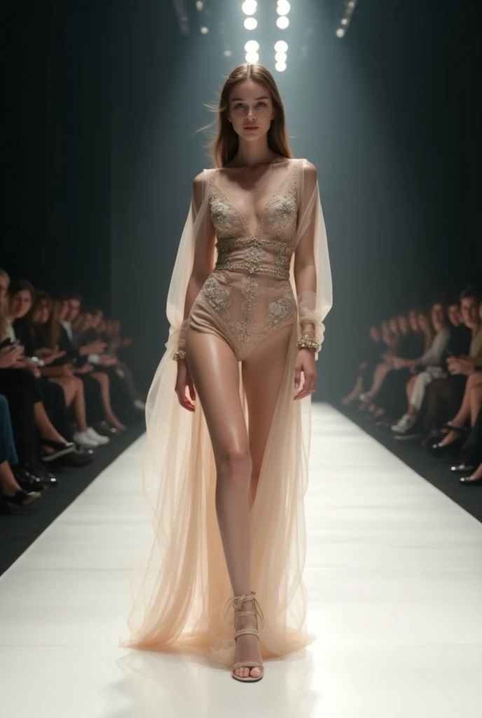 RAW photo, a fashion model, walk on runway, (photo-realistic:1.5), (RAW photo, 8k uhd, film grain), extremely delicate and beautiful, highres, sharp focus, extremely detailed, masterpiece, cinematic lighting, (high detailed skin:1.2), dslr, soft lighting, high quality, film grain, Fujifilm XT3