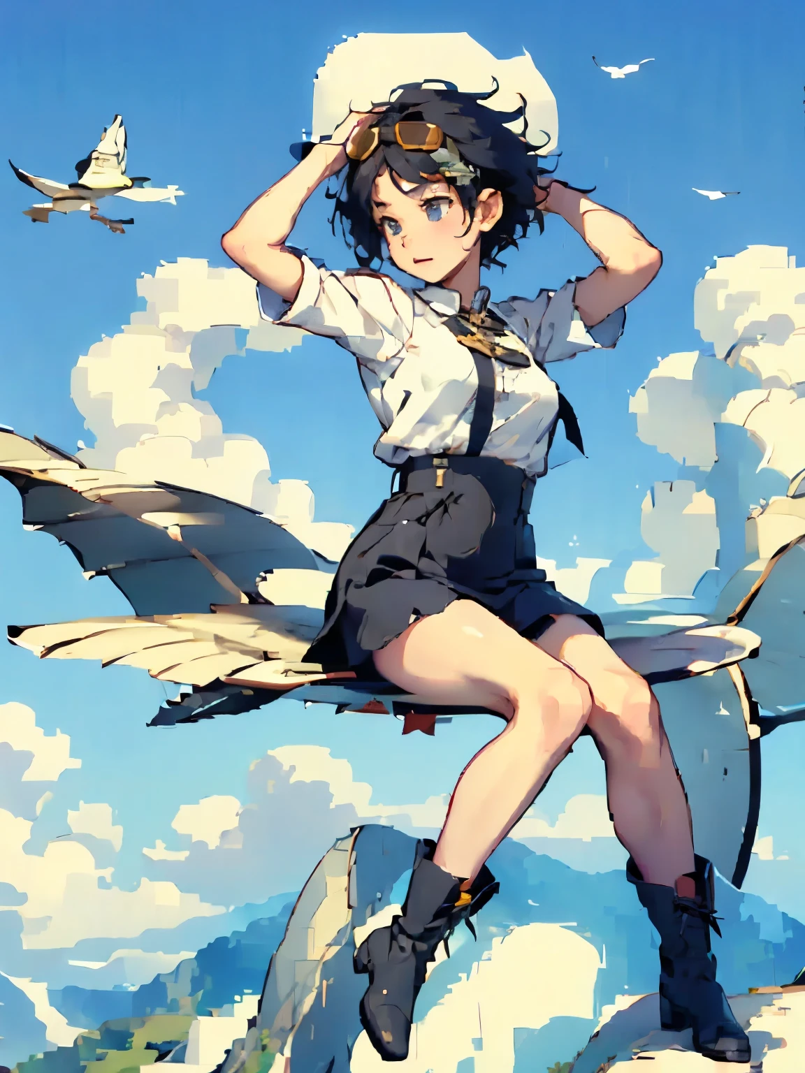  beautiful girls 、 fly in the sky on a glider in the shape of a bird's wing、Take off from a cliff 、Alone、 short cut hair where you fold your hands behind your head、(goggles)、boots、 blue sky and white clouds 、( pixel art:1.2)、