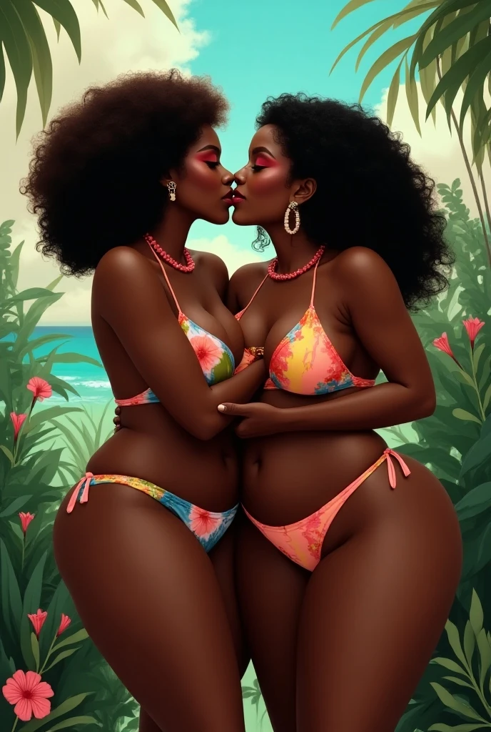 "Illustrate three plus-sized women standing with their backs to the viewer, embracing each other. They are wearing bikinis and the background features a beach scene."