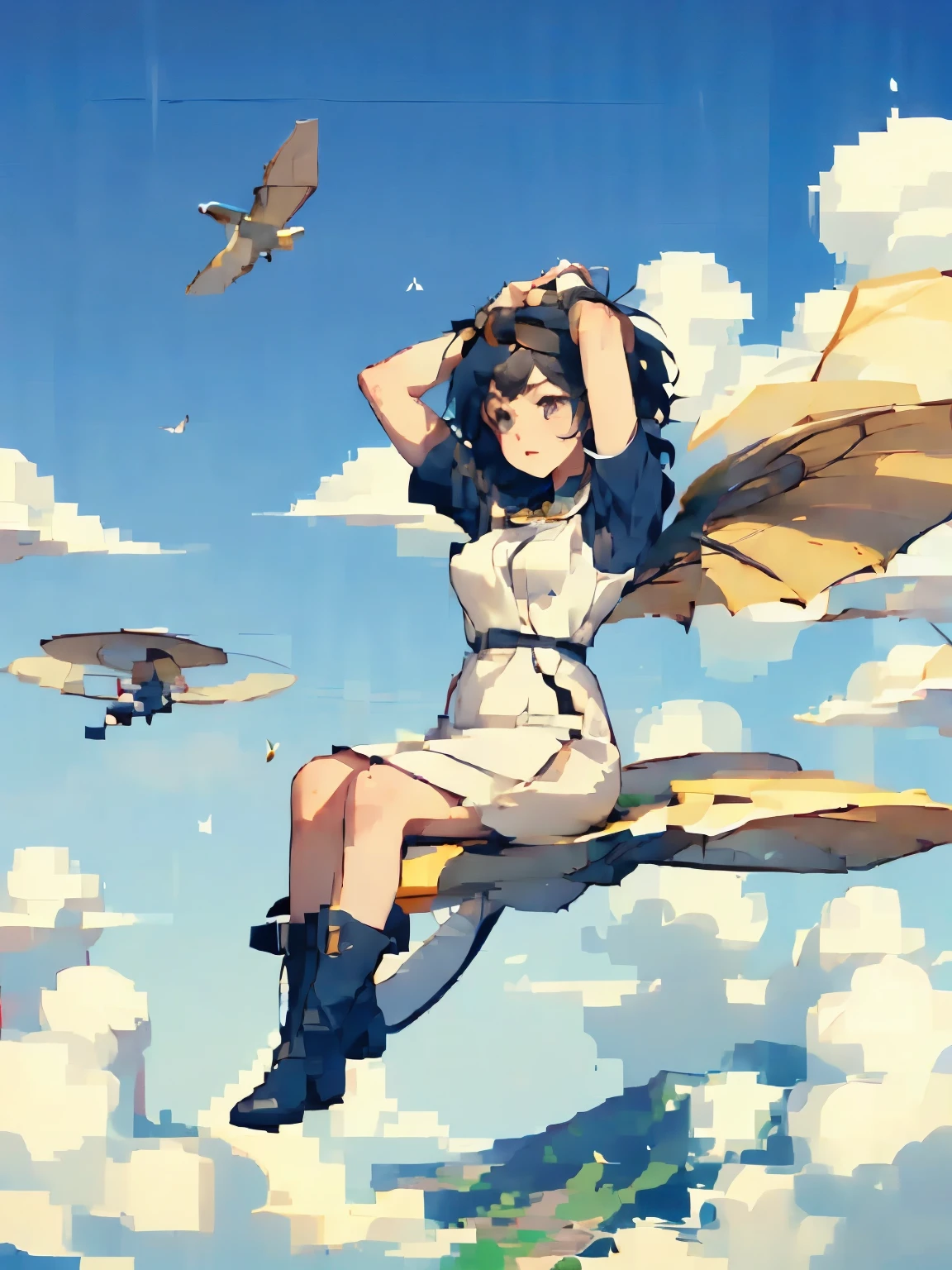  beautiful girls 、 fly in the sky on a glider in the shape of a bird's wing、Take off from a cliff 、Alone、 short cut hair where you fold your hands behind your head、(goggles)、boots、 blue sky and white clouds 、( pixel art:1.2)、