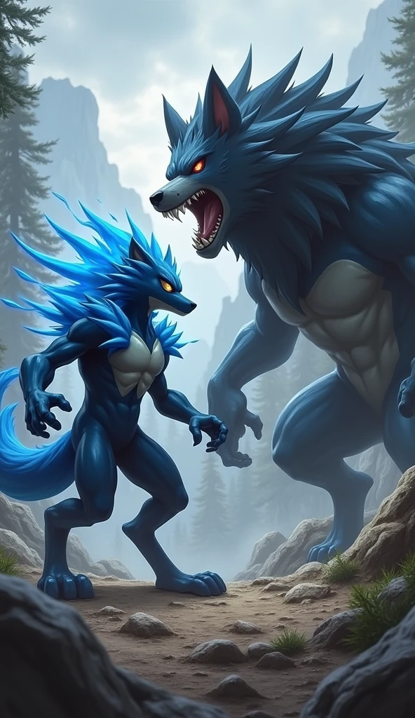 muscle men,Wolf dragon,Wolf head,Dragon's horn,The head of the wolf has dragon horns,The face has yellow-green patches,The rest of the blue-green skin is yellowish-white,Leaves flutter in the background