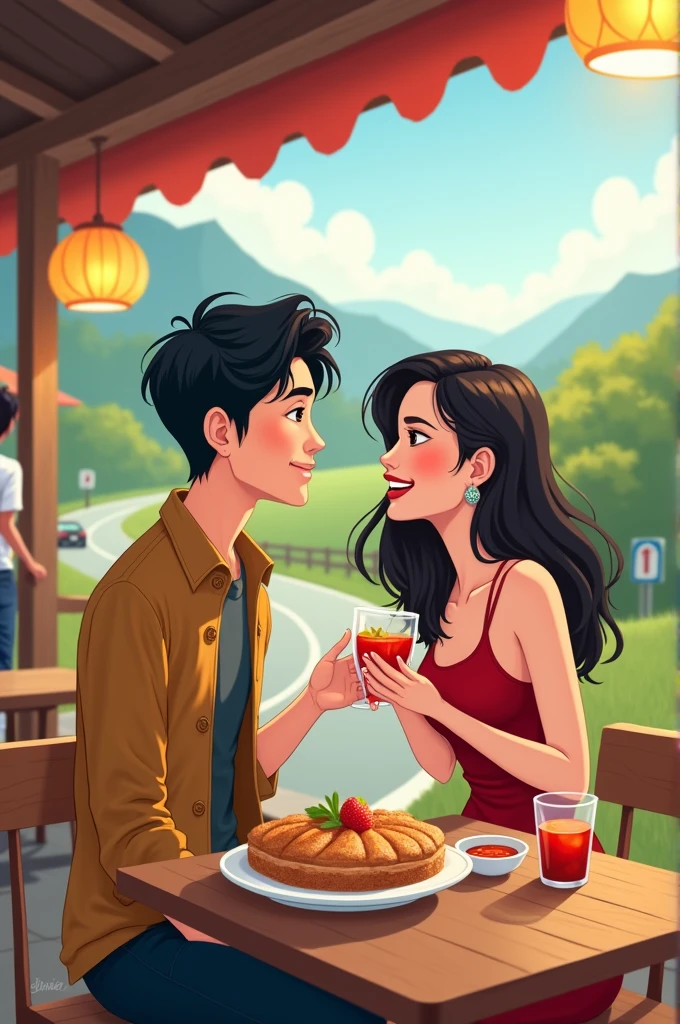 flower, shirt, food, yellow flower, white shirt, orange flower, red flower, 1girl, white flower, long sleeves, black hair, cup, fruit, short hair, pink flower, smile, green shirt, 1boy, outdoors, white jacket, jacket, doughnut, table, bread, cake, wide shot, grass, collared shirt, basket, cloud, sunset <lora:Texture illustration_20230709102900:0.8>