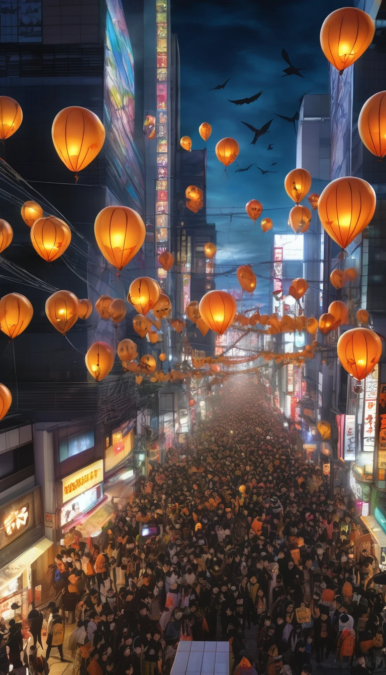 "Shibuya Halloween, huge crowd, costume contest, elaborate decorations, balloons floating in the night sky, bird's-eye view, photorealistic style, realistic texture"