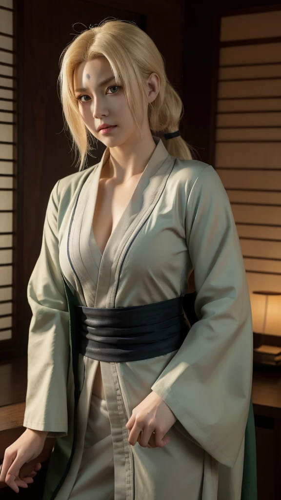  Real-life version of this character,  her name is Tsunade Senju in the anime Naruto ,  super realistic ,  very realistic detailed blonde hair , high resolution, authentic, very detailed,  very realistic outfit ,  Japanese face ,  bright eyes detailed , calm expression , authentic,
