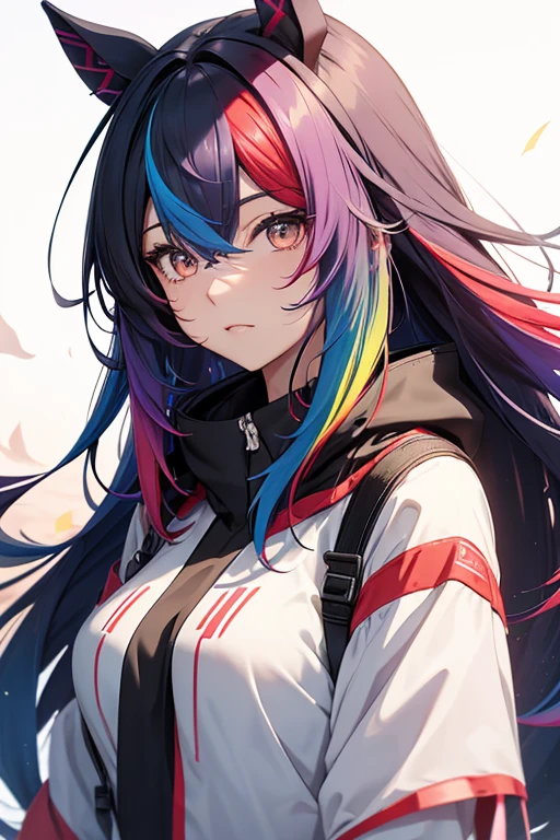 (masterpiece,best quality,ultra-detailed),1girl, rainbow hair, multicolored hair,very long hair,messy hair,(((multicolored skin, rainbow skin))),small chest, multicolored military jacket ,((grey theme)),in a forest,((multicolored animal print clothes))