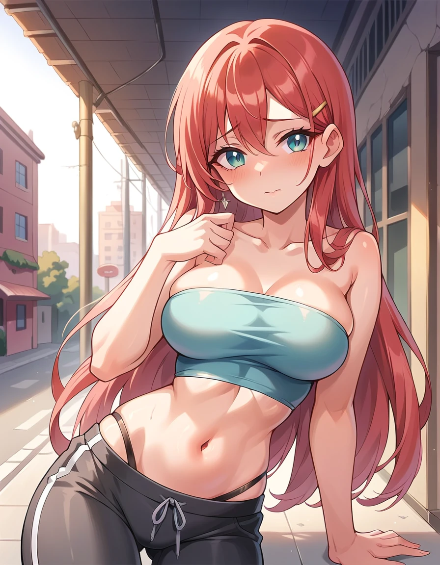  Masterpiece,Best Quality, beautiful eyes, cinematic lens effect, highly dramatic picture, ultra detailed, depth of field,((busty bitches)), shy ecchi chibi Pokemon girl, random hair colour, random hairstyle, fitness, shapely body, miniskirt, tube top,  visible panty straps, located: nighttime alleyway of city, nervous woman, sexy photoshoot 