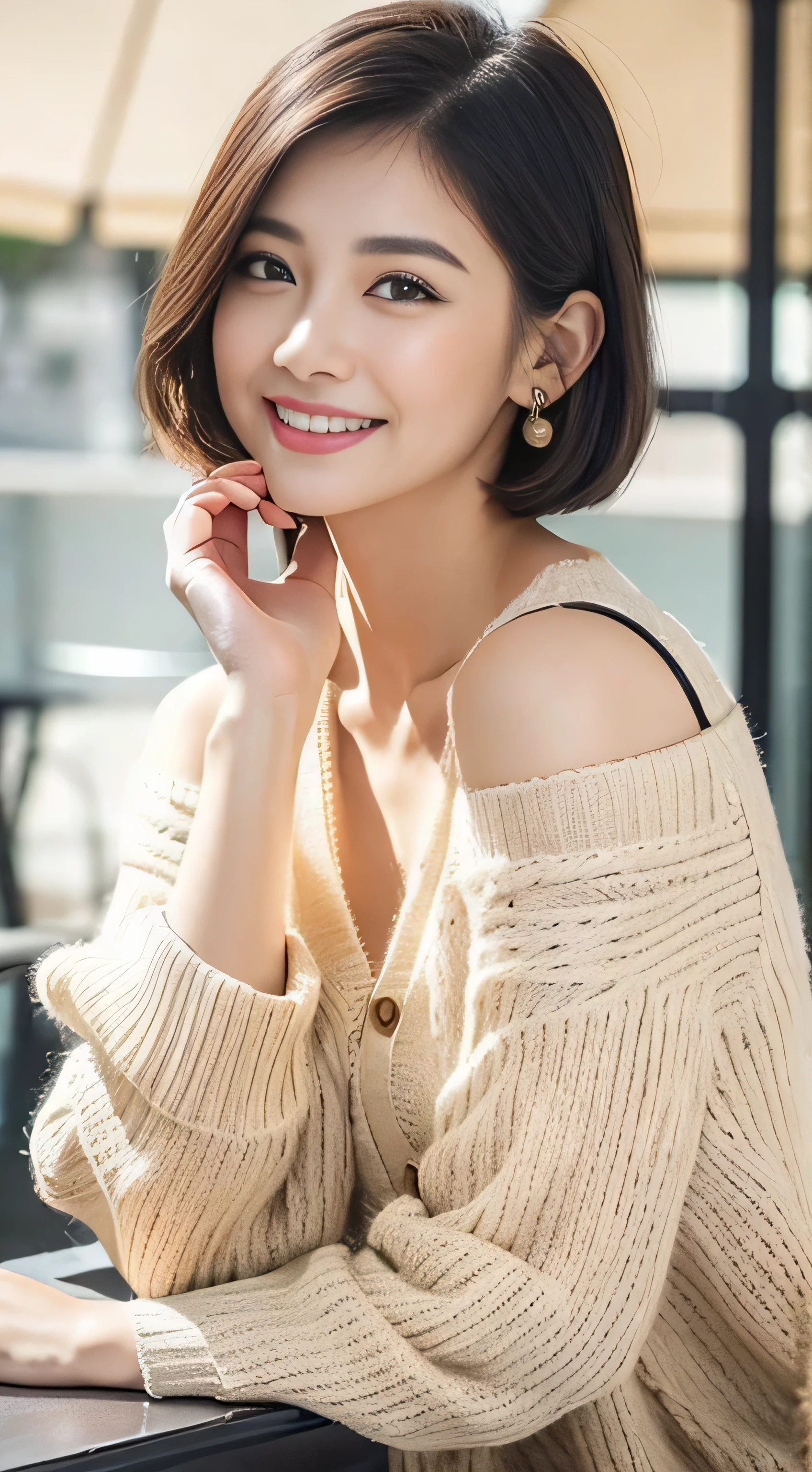 "prompt": "A woman with short black hair is sitting on a sofa, wearing a colorful off-shoulder knit that reaches her knees. She is radiating the best smile, exuding warmth and happiness. The scene is set in a cozy living room with soft lighting, highlighting her joyful expression. The knit is vibrant and detailed, adding a pop of color to the setting. The overall atmosphere is cheerful and inviting, capturing a moment of pure joy and comfort.",