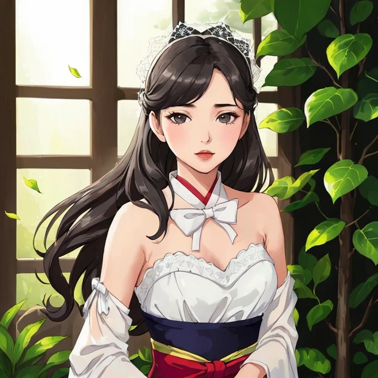 (young woman: 1.5), lace, ribbon, Hanfu, (masterpiece, side light, delicate and beautiful gray eyes: 1.2), masterpiece, realistic, glowing eyes, shiny hair, dark hair, long hair, shiny skin, solo, awkward, strapless, delicate, beautiful, garden, flowers, fluttering petals