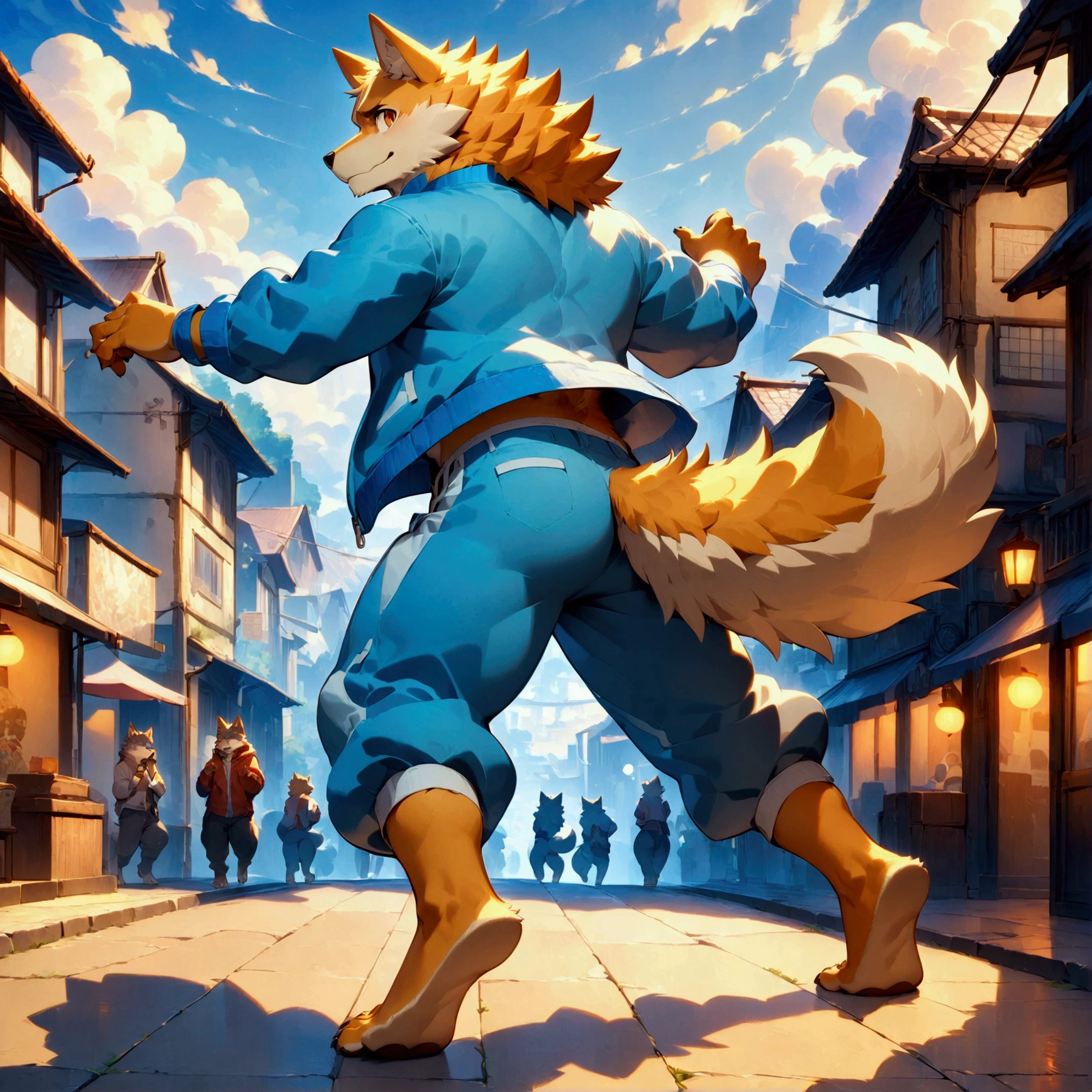 character focus, full body, looking away, back view, back focus, dynamic angle, street dancer, plump middle-aged wolf man, happy, little smile, street fashion, jacket, pants, street dance, dancing, dynamic pose, standing, full body in Michelangelo Buonarroti style, digital illustration anime, housamo style, detailed painting landscape, afternoon, city scape, street, outdoor, full color, HDR, BREAK complete anatomy, perfect proportions, beautiful thigh gap, fluffy body, intricate fur details, beautiful fur texture, BREAK detailed wolf tail, detailed toe, 5toes, 5toes nails, beautiful foot, detailed hands, 5fingers, 5fingers nails, BREAK aesthetic anime face, insanity detailed face, male face, big face, square jawline, aesthetic anime eyes, detailed brown eyes, detailed brown cornea, detailed dark brown irises, detailed pupils, male eyes, big eyes, male eyebrows, innocent look, beautiful beard, BREAK masterpiece, official art, best quality, very aesthetic, absurdres, super fine illustration, great quality, BREAK noise reduction, very highres, large filesize, high quality, 32K, 8k wallpaper, dynamic lighting, BREAK insanity detailed, ultra detailed, intricate details, extremely detailed, detailed texture, an extremely delicate and beautiful, BREAK e621 illustration, Fur Affinity illustration, osukemo, kemohomo, anthropomorphic, furry, cartoon, harmonious body, pastoral face, virtuous eyes, street atmosphere