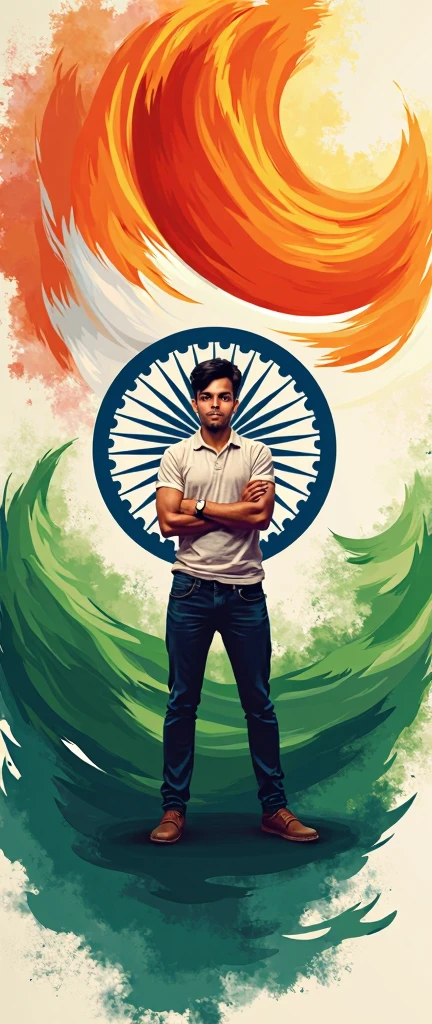 A 20-year-old boy wearing a white shirt "sartaj" holding an Indian flag and standing in front of Indian landmarks and wearing black glasses
