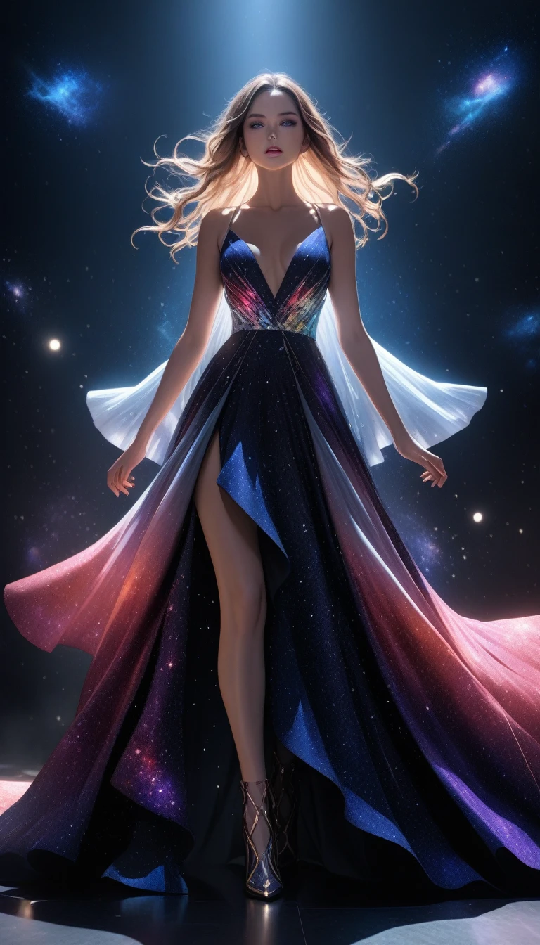 a glamour picture shot, of an elite model covered in stars, walking on a (dark catwalk: 1.2), an extraordinary glamourous elite female model, ((full body: 1.5)),  ((anatomically correct: 1.5), (ultra detailed face: 1.2), best detailed face, yrllow hair, long hair, lush hair, glam hair cut, blue eyes, delicate face, light make up, wearing intricate detailed dress, glamour dress, haute couture dress, elite fashion dress, black as night dress, decorated with bright stars, starlight,  small cleavage, wearing high heels, elegant high heels, she wears diamond necklace, she is glows in a soft starry light, she walks on (asteroid catwalk: 1.2), elite fashion show background, vibrant, Hyperrealism style, vibrant, Ultra-high resolution, High Contrast, (masterpiece:1.5), highest quality, Best aesthetics), best details, best quality, highres, ultra wide angle, 16k, [ultra detailed], masterpiece, best quality, (extremely detailed) RAW, chumbasket art style, magical sky, star