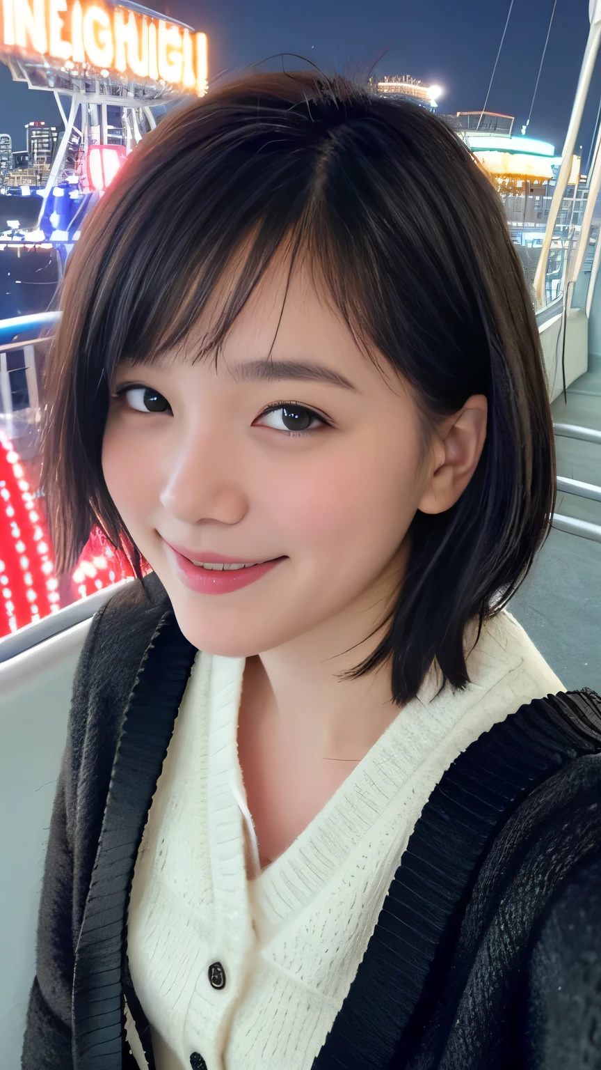 ⦅Smile 1.6⦆ closeup shot、 staring at the viewer 、18 years old、Black Hair、Fluffy short hair、 cardigan、Night view、( Inside the Ferris wheel )、Selfie