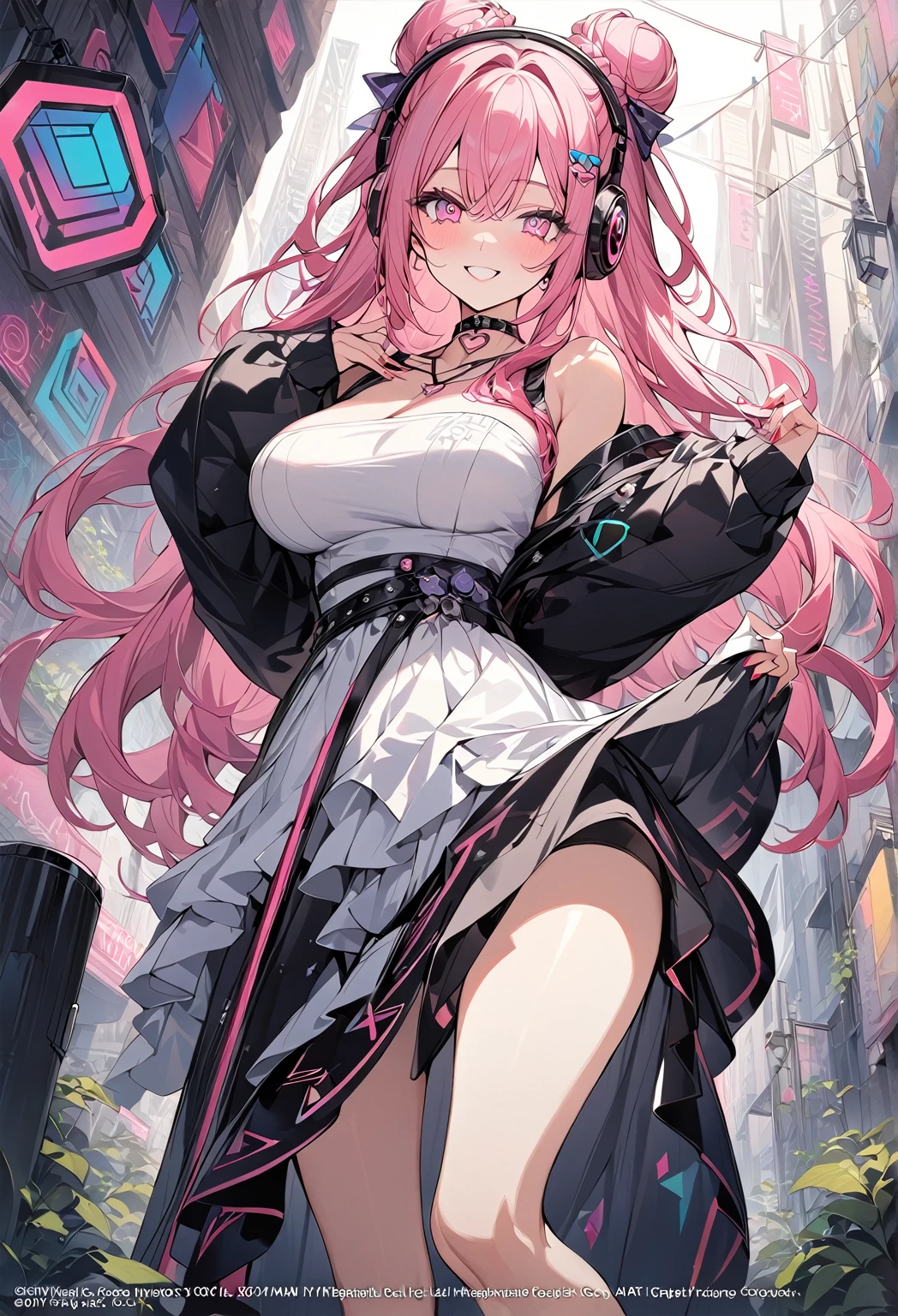 (masterpiece, highres, best quality:1.3), 8K, highly detailed, intricate, colorful, vibrant image, sharp focus, digital blending, 4K, trending on pixiv
Ingrid, ((OVA)), solo, mature female, 40yo, milf, curvy, (dark skinned female:1.15), dark skin, posing, sunny weather, blue sky, skyscrapers, (scowl look:1.2), looking at viewer, cowboy shot,
pink hair, very long hair, forehead, hair intakes, purple lipstick, makeup, mole under mouth, yellow eyes, perfect eyes, perfect face, ultra detailed hair, detailed face, earrings,
large breasts, (covered :1.1), (areola slip:1.15), cleavage,