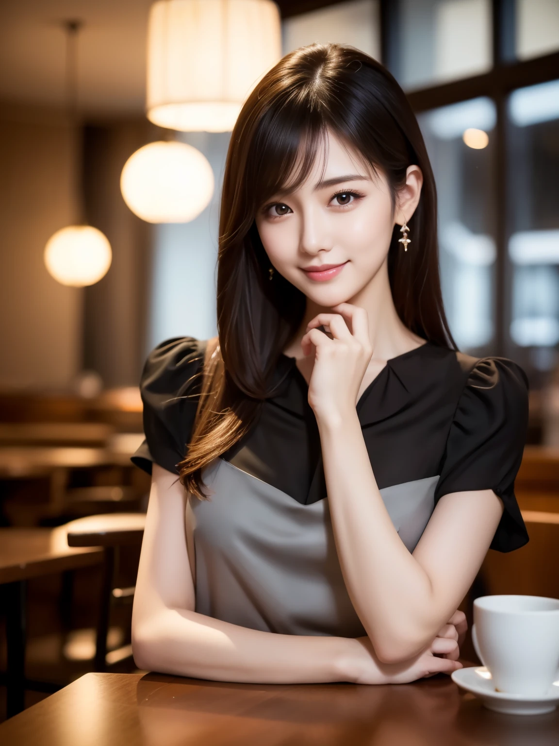 1 woman (Wearing a black blouse:1.2), beautiful japanese actress, (Raw photo, highest quality), (realistic, Photoreal:1.4), masterpiece, very delicate and beautiful, very detailed, 2k wallpaper, wonderful, finely, Very detailed CG Unity 8K wallpaper, Super detailed, High resolution, soft light, beautiful detailed girl, very detailed目と顔, beautifully detailed nose, beautiful and detailed eyes, cinematic lighting, break (With a stylish cafe interior as the background 1.3), Lights in the cafe, perfect anatomy, slender body, smile, Face the front completely, look at the camera
