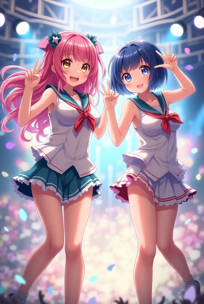 Dynamic Angle, ((((Detailed eyes and detailed face: 1.2)))))), (((Perfect human hand, super detailed human 5 fingers)))), ((Perfect human foot)), Upper body, 1 or 2 girls, Smile, Wolf ears, Wolf tail, Pink eyes, Hair between eyes, (Wink)))), D Cup, cleavage, Striped hair, (Colorful hair color: 1)))))), (( Random hair color: 1))), variegated hairstyle: 1, twin tails, ultra-detailed gradient hair, (((T-shirt with the kagenari logo))), sneakers, professional designer, fashion leader, ruffled dress, love live, jewelry, backstage, best stage, climax, professional stage, (holding the microphone with your left hand and singing emotionally, Overflowing emotions, the best smile))), singers, vocalists: 1, idols, divas, professional stage, professional lighting, live lighting, distracting, fan service: 1, ((satellite photo seen from the audience)))), ((((Panchira, cute panties))))