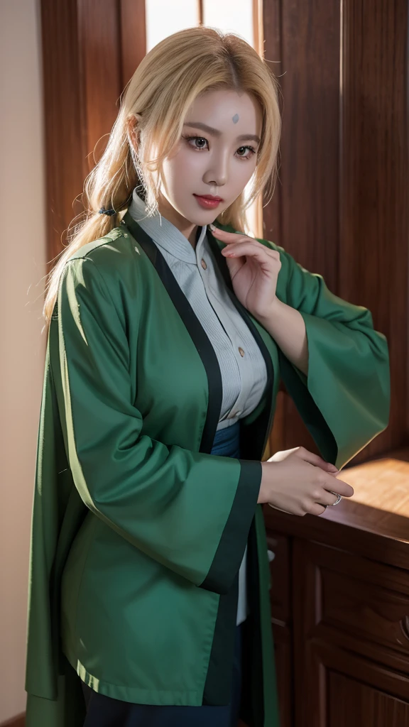 Phiên bản chuyển thể ngoài đời thực của nhân vật này, tên cô ấy là Tsunade Senju trong anime Naruto, siêu thực tế, mái tóc vàng chi tiết rất thực tế, độ phân giải cao, chân thực, rất chi tiết, trang phục rất thực tế, khuôn mặt Nhật Bản, đôi mắt sáng chi tiết, biểu cảm bình tĩnh, chân thực, ngực lớn, hình ảnh toàn thân
