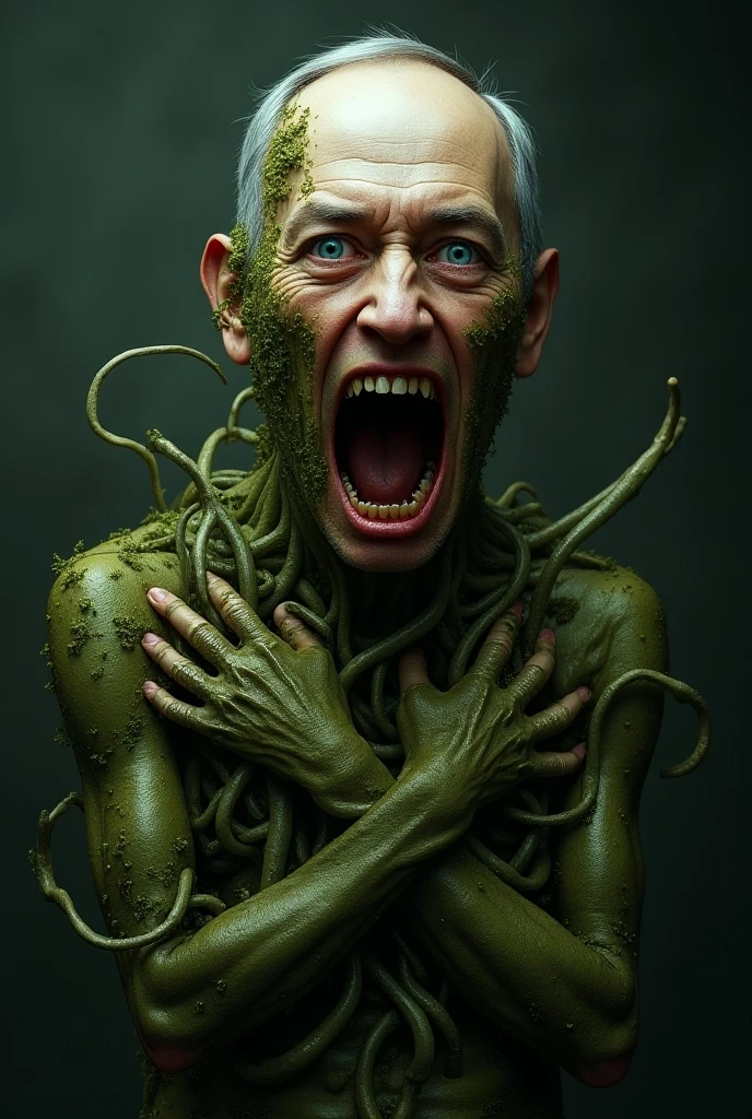 A super high-resolution 3D image of a man with an extremely horrified expression as the seaweed appears to grow inside him, wrapping around his veins and taking control of his body. His face shows clear signs of fear and despair.in the forest,darck,Green light