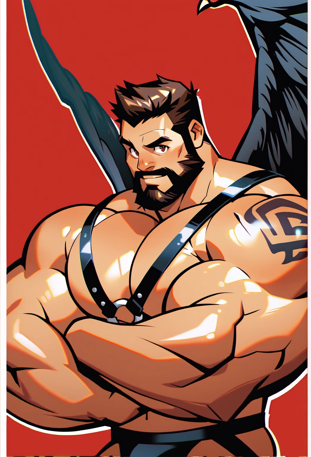 a bearded tattooed muscular bodybuilder handsome cowboy with wings with jockstrap, crimson red background, big muscular, big chest, wearing leather chest leather harness, Thin waist, sfw, perfect anatomy, balanced anatomy, big bulging, hot dancer pose, dark wings, Caucasian, oiled mscles, short haircut, lights on muscles, bearded, black jockstrap, black leather kepi hat, high resolution, high quality, masterpiece