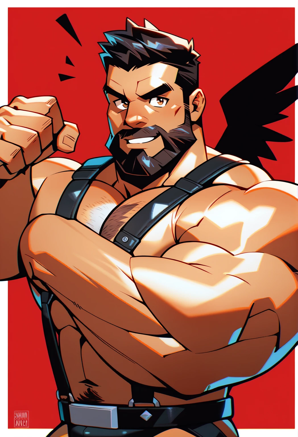 a bearded tattooed muscular bodybuilder handsome cowboy with wings with jockstrap, crimson red background, big muscular, big chest, wearing leather chest leather harness, Thin waist, sfw, perfect anatomy, balanced anatomy, big bulging, hot dancer pose, dark wings, Caucasian, oiled mscles, short haircut, lights on muscles, bearded, black jockstrap, black leather kepi hat, high resolution, high quality, masterpiece