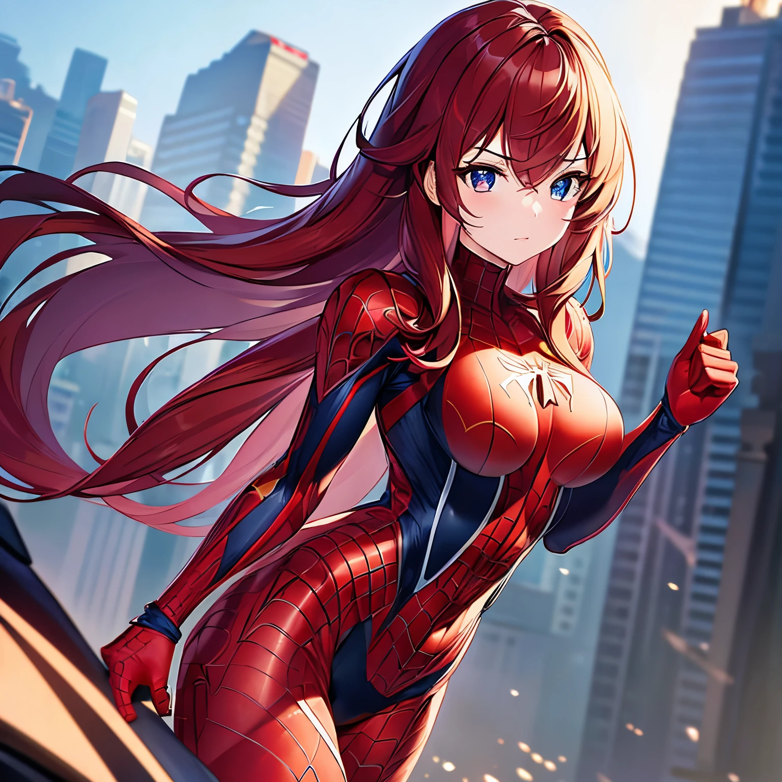 Masterpiece), (Best Quality), (Ultra Detailed) 1girl, Spiderman suit, girl, masterpiece, sharp focus, Best Quality, depth of field, cinematic lighting, detailed suit, perfect eyes, rich in detail and texture, red hair, very long hair, hazel eyes, hair between eyes, medium breasts, belly button, detailed face, outdoors, holding helmet