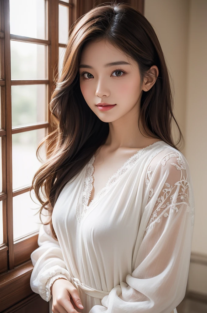 Beautiful Shanghai girl,Wear transparent pajamas,Full body like,frontage,ssmile,Delicate facial features,long whitr hair