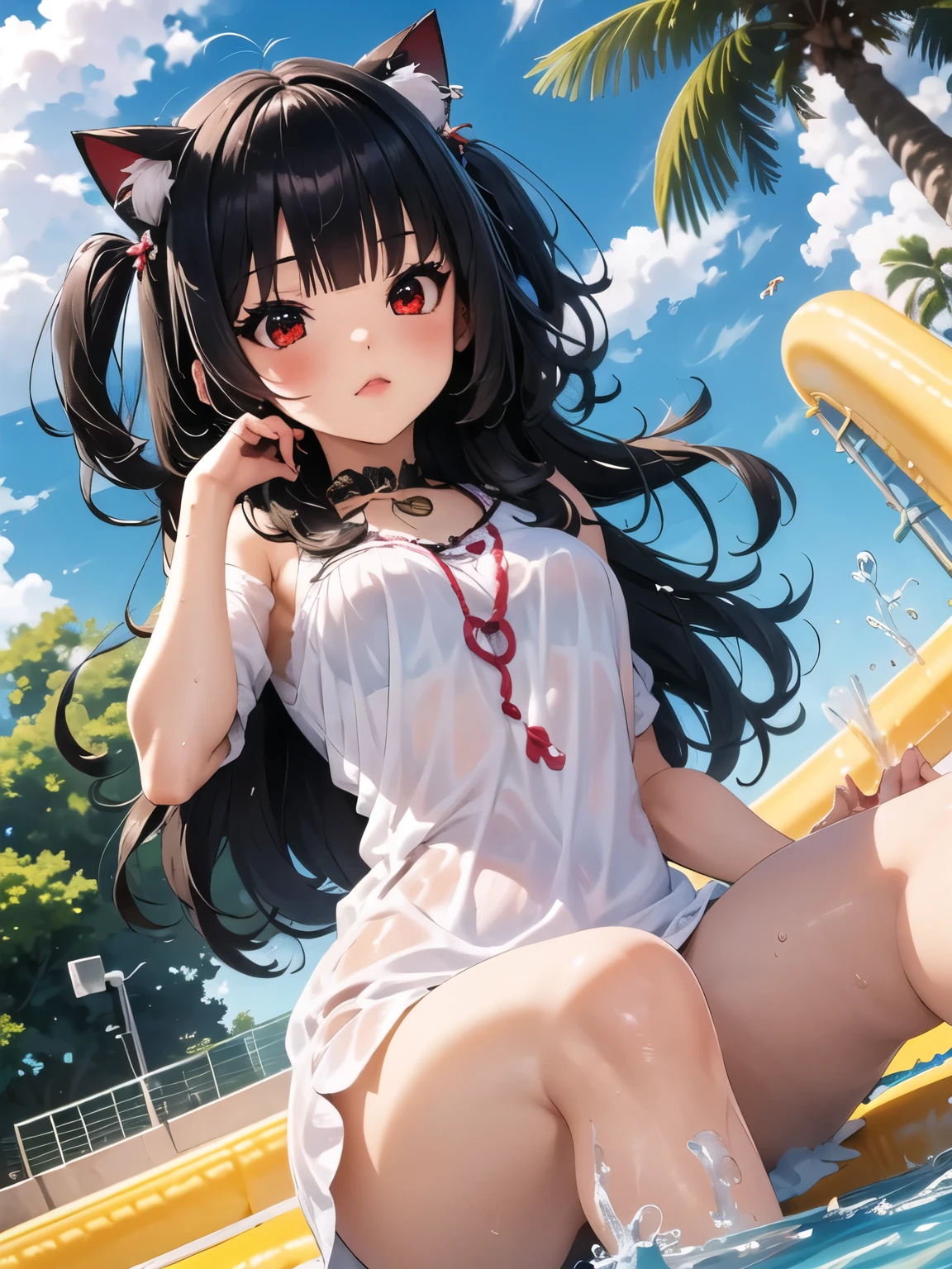 ((Masterpiece)), ((Best quality)), (perfect face), Young, nubile girl, obedient expression, hands behind back, wearing off shoulder 1 piece swimsuit, wearing open cup breast swimsuit, wearing open back 1 piece swimsuit, wearing ruffle 1 piece swimsuit, wearing red and white swimsuit, wearing collar and leash, leashed to a chair, kneeling at a man's feet, on a deck