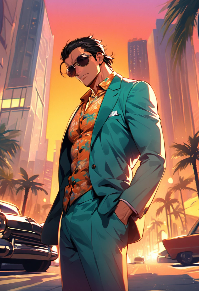 A muscular man standing confidently in a modern urban setting, reminiscent of a California sunset. He is wearing a stylish teal suit jacket over a floral-patterned shirt with the top buttons undone, exuding a cool, retro vibe. The man has short, slicked-back hair, chiseled facial features, and wears dark aviator sunglasses. The background features palm trees lining the streets, classic cars, and tall buildings, all bathed in the warm, golden glow of a sunset. The atmosphere is vibrant and cinematic, with soft pink and orange hues lighting up the sky.