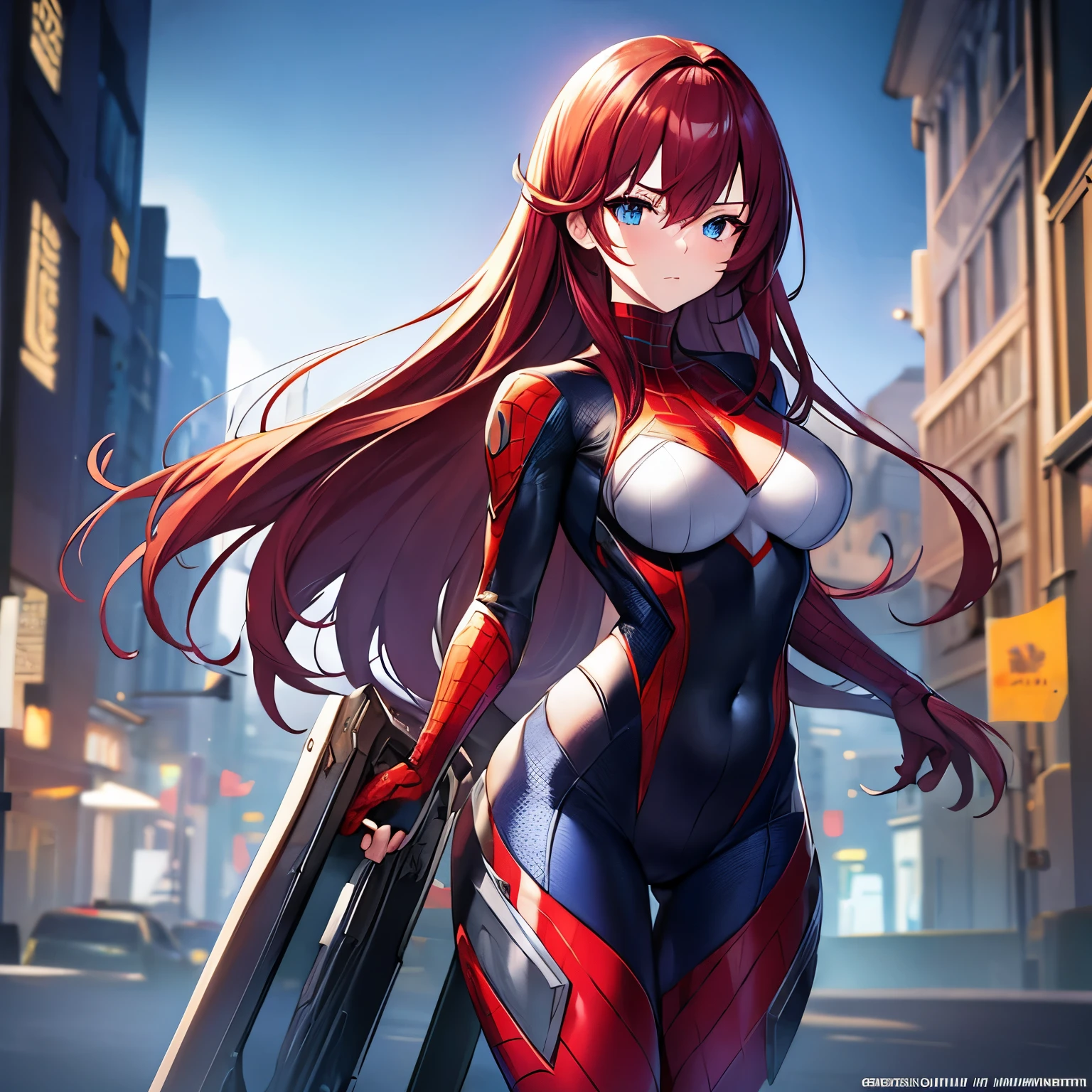 Masterpiece), (Best Quality), (Ultra Detailed) 1girl, Spiderman suit, girl, masterpiece, sharp focus, Best Quality, depth of field, cinematic lighting, detailed suit, perfect eyes, rich in detail and texture, red hair, very long hair, hazel eyes, hair between eyes, medium breasts, belly button, detailed face, outdoors, holding helmet