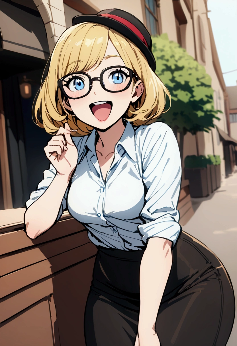 (1 Girl:1.5), masterpiece, Highest quality, Great beauty, [[3d]], 4K, Absurd, In detail, Highly detailed eyes, Perfect Anatomy, Official Art, Cinema Lighting, break, garden,Theme park,Fine and light short bob, Golden Hair, Highly glossy detailed black eyes, Big eyes, puppet, Cute eyes, Blue glasses,thin眉毛,Beautiful eyebrows,Thick eyelashes, Mouth wide open in shock, Thin lips, Grin, mascara, Rouge, eyeliner, Red lips,Mole around the mouth, blush with embarrassment, break, expensive, thin, Tan Lines, Are standing, Picture from the waist up,No clothes,Upper body naked, break, sticking out the breasts in front,She realizes she is naked and covers her chest with her right hand.,jeans