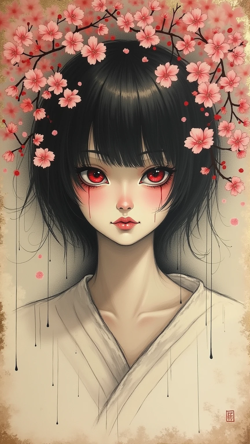 1girll,black color hair,red - eyed,China-style,ink and watercolor painting,Dark orange base(monochromes:08)
