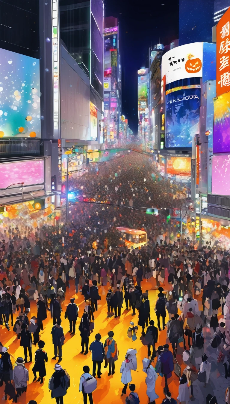 "Shibuya crossing at night, Halloween, large crowd of people in costumes, anime and movie character cosplays, bright lights reflecting off costumes, festive music filling the air, digital painting, vibrant colors"