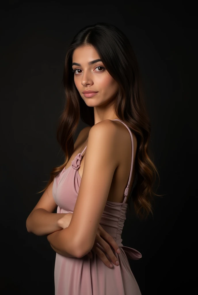 a young woman with long dark brown hair, beautiful young woman wearing dress, dark background, perfect lighting