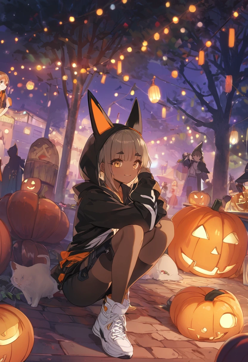 Dining scene,Halloween,Festivals,Another world,1girl,Alone, adult woman, High Resolution , Brown skin,Silver Hair, boyish woman with short hair like a man,Mr.々A pose,Short Bob, long bangs,,smile,Golden Eyes,Ear piercing, Hooded Hoodie , black shorts ,Black tights,White cat ears, yellow and white sneakers,Thick and short eyebrows,Tree Eyes,