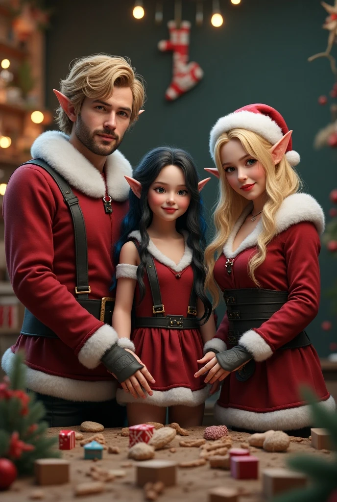 A family of santa Elfs workers, wearing elvish costumes, creating toys, A father, A Mother, A daughter, A son, happy taking a family photo shoot, high quality details, Character Sheet Full-Length, High Resolution, Looking at viewer, Long Hair, Breasts, Blonde Hair, Black Hair, Blue Hair, Purple Eyes, Pointy Ears, perfect anatomical details, Christmas costume & background designs,Unreal Engine, Realism, Social Media Composition, wearing a cyberpunk battle armor,Character Sheet Full-Length,