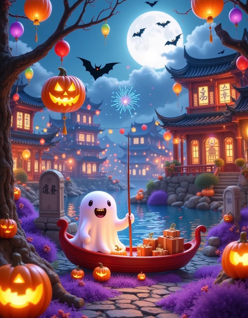 This image is a digital illustration of a Halloween scene. It shows a cemetery with a full moon in the background. The ground was covered with purple grass,and a few carved pumpkins were scattered around. On the left side of the image,there is a tree with a jack-o '-lantern hanging from its branch. Next to the tree,there were two tombstones,and bats were flying around them. In the center of the cemetery,a white ghost perches on a branch. The grimace looks very happy with a big smile on it. The atmosphere of the whole scene is grim and festive.,
The photo is a digital illustration of a small white ghost sitting in a red boat on the river,holding a fishing rod in his right hand. The boat was filled with gift boxes and other items,looking into the distance.,
In the background are several traditional Chinese buildings with red lanterns hanging from the roofs. The buildings are decorated with Chinese characters and symbols,the river is calm,and fireworks explode in the background. The atmosphere of the whole scene is festive,