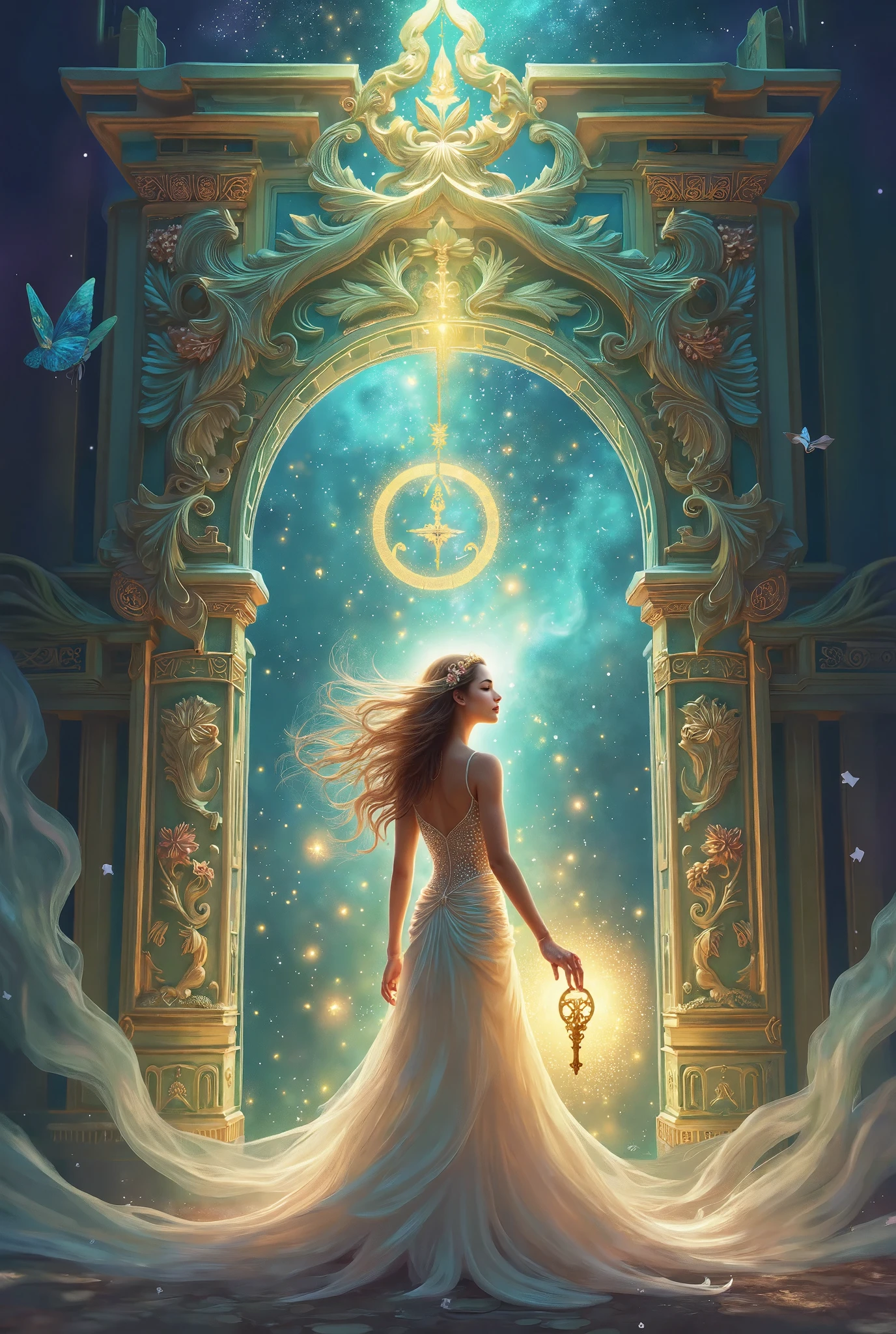 "A beautiful woman stands before an ancient, towering door that leads to the cosmic library. She holds a golden key that glows in her hand, ready to unlock the secrets of the Akashic Records. Behind her, a backdrop of swirling galaxies and distant nebulae reflects the mysteries of the universe, while a gentle light emanates from the door, symbolizing infinite wisdom."