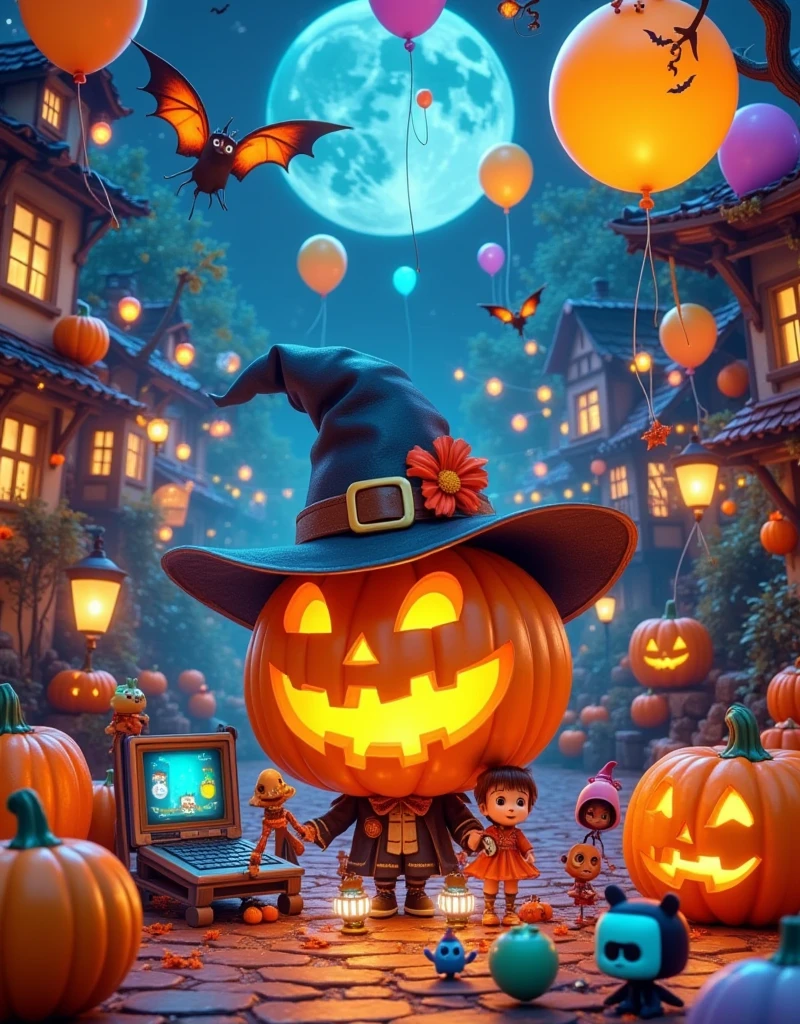 This image is a digital illustration of a Halloween scene. In the center of the picture,there is a large pumpkin with a jack-o '-lantern face carved into it. Pumpkin wears a black witch's hat with a gold buckle and a red flower. The witch was standing on the wooden floor,surrounded by other pumpkins. There are also bats flying around the pumpkin with a full moon in the background. The overall color scheme is orange,black and white,giving a strange and festive feeling., This image shows a variety of electronic devices and accessories scattered across a blue surface. In the center of the image,there is a blue and green vintage-style laptop with a large screen. The computer is surrounded by other electronic devices such as keyboards,mice,game controllers and small robots. On the right side of the computer,there are two small black and purple TVS with a cartoon character on the screen. In the background is a dark blue wall with patterned wallpaper. The overall color scheme is bright and vibrant,giving a playful and whimsical feel.