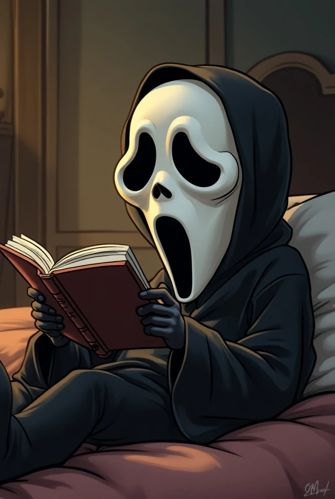 draw a drawing in the proportions 2000x 2000, with a completely white background, colored in the cartoon style of the character from the film Scream, holding a book in his left hand, pointing the index finger of his right hand at someone and smiling,