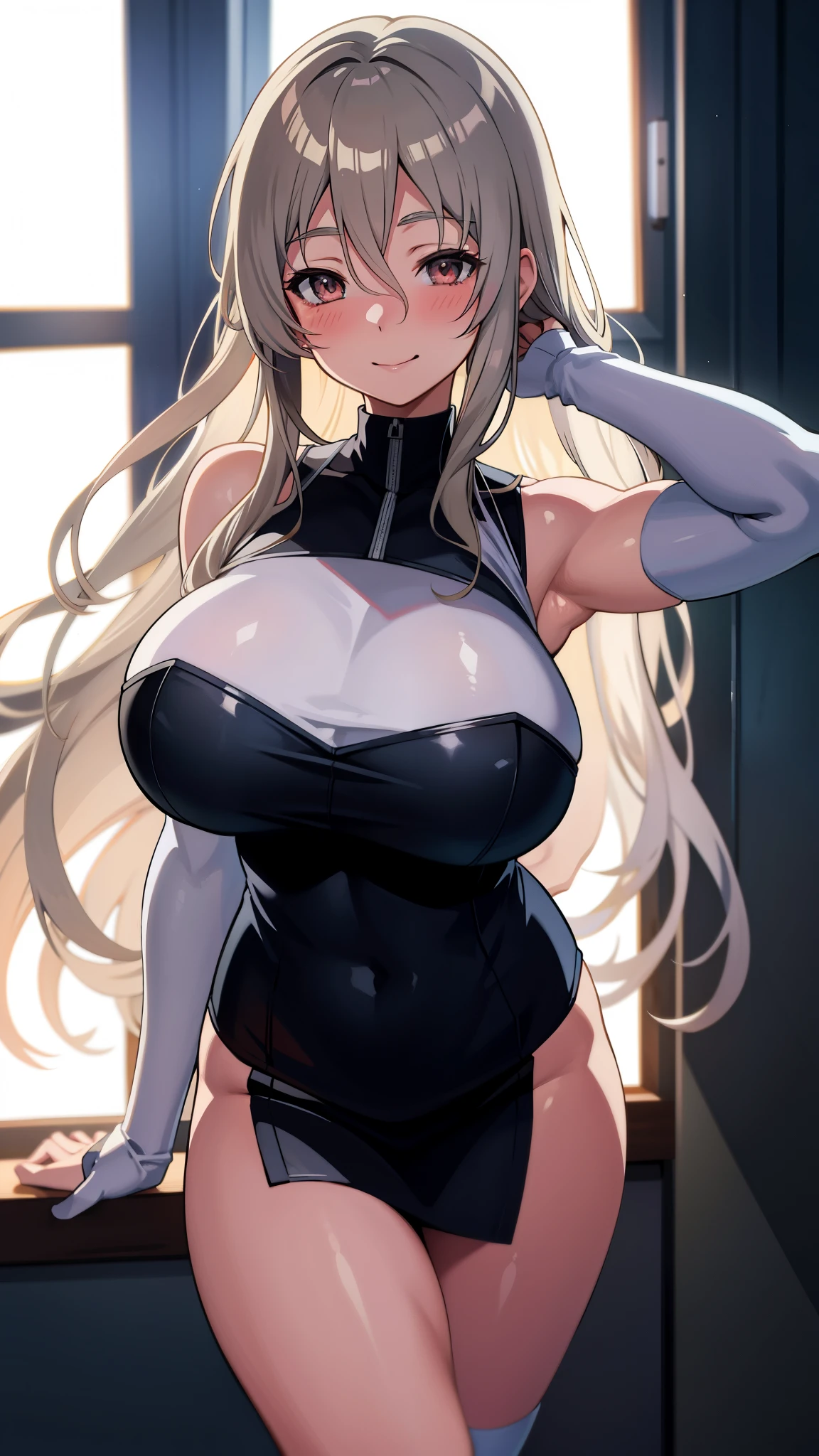 anime girl with big breast posing in front of a window, seductive anime girl, konachan wallpaper, silver blonde hair,,  4 k manga wallpaper, oppai, detailed digital anime art, anime best girl, beautiful anime girl, oppai cyberpunk, detailed anime artwork, portrait,smile,blush