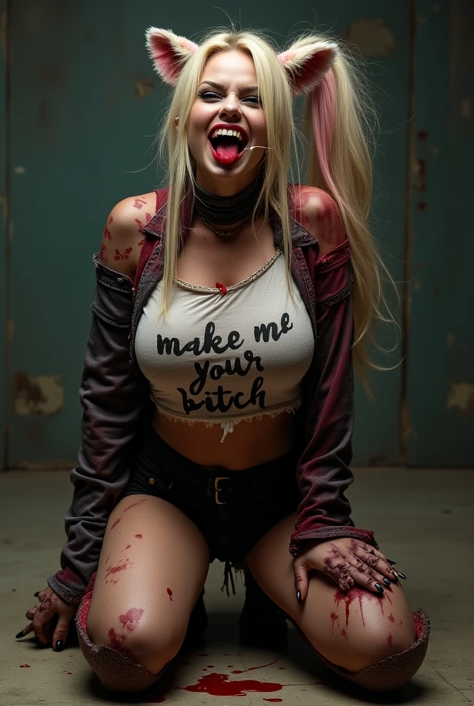 (photorealism:1.2), middle aged caucasian woman, (age 38:1.5), uncomfortable pose, realistic, intricate details, warm colours, blonde white hair, shoulder length bobcut hair, rough face skin, short height, thick thighs, sweaty, textured aged skin, tanning lines, small breasts, skinny-fit, dog collar, big blue eyes, glasses, black frames, dark red uneven lipstick, wearing pink very tight torn high-waist cotton thong , tight fishnet high-waist t-shirt , full body visible, legs wide spread, , no tattoos, dark smudged eye makeup, crying mascara tears, streaming tears, eyes wide opened, mouth open, looking scared straight at the viewer,