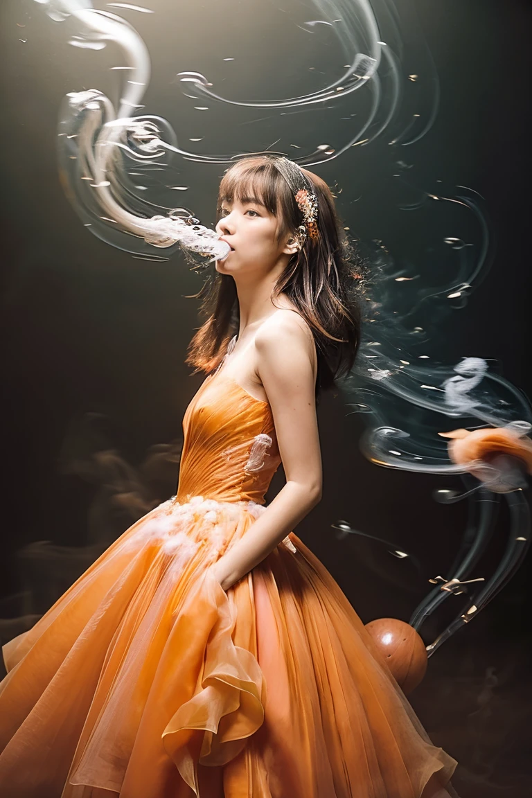 Anime 3D style, dynamic scene, wide angle shot, hyper-realistic oil painting, delicate features, a fierce red dragon twirling behind an young asian woman, red glow eyes, orange lace gothic, wearing headphones, wearing a crystal vivid orange dress and has long orange hair. motion line movements, bubbles. dynamic action pose, octane rendering, ray tracing, depth of field, super details. she is at the bottom of the sea. CG animation, highest quality, masterpiece, exquisite CG, hyper-realism. dynamic perspective creative angle cinematic 3D movie 16k