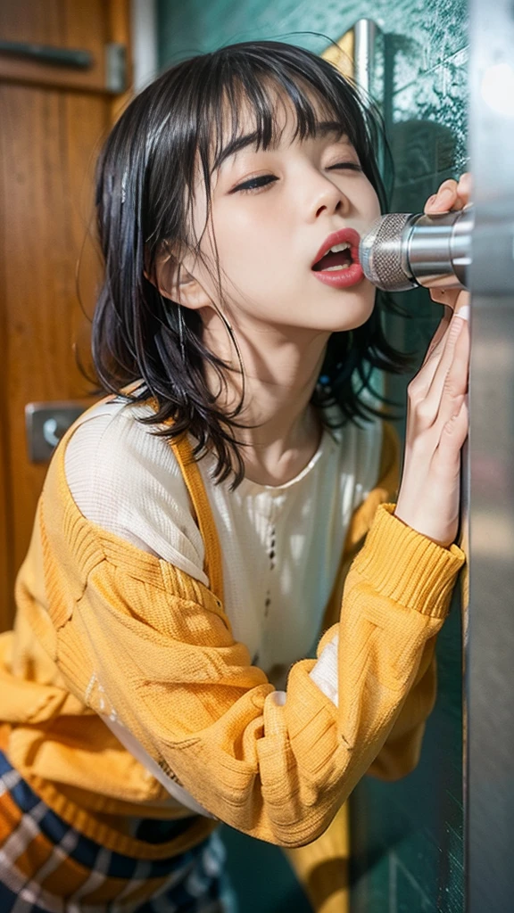 Japanese woman with her eyes closed、fluffy, sensual look,(8k, RAW Photos,  best quality), dramatic,(Realistic, photo-Realistic:1.37),（ sleeveless:1.5),Detailed CG, wallpaper, exquisitely crafted face, short cut hair where you fold your hands behind your head、 stick out your tongue、Old toilet cubicle、 small silver doorknob 、Small breasts、Small breastsの谷間、Tank tops、 seen from above 、 anatomically correct, 