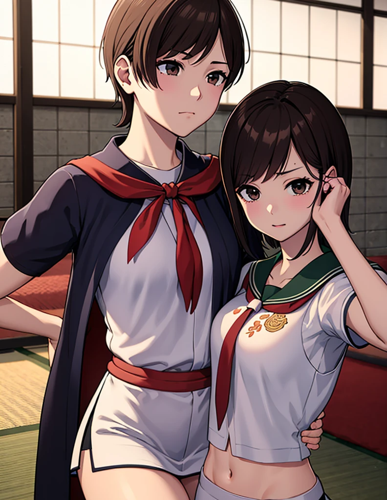 ((masterpiece, repay,   very detailed ,   Very Beautiful 8K Scene Wallpaper )), , A little thick,Side part semi-short,  medium hair  ,Ireneの前髪,  reddish dark brown hair,Black and subtle red,Side part semi-shortヘア,Messy Hair,  slightly reddish brown eyes ,Monkey Fist User player、Sailor suitスタイルのユニフォーム、Large bust、Sailor suit、  miniskirt  、Monkey Fist User、Expression of being kissed by 、Inside the Monkey Fist User Gymnasium、、On the tatami、discovery、One Girl、whole body、Fighting stance、Combat Status、Irene、 bust size up 82 , Under bust size 69, Tiny B c up 、  Grandfather Was a Martial Artist  、Lost his parents at a young age、Height 159.5cm、   high school girl uniform、High school uniform tie、女子高生の  miniskirt  、Ireneの匂い、可愛いだけじゃなくて強いIrene、PS3オリジナル版のIrene、982連勝したIrene、love affair、Date、Confessed、Max win streak 982 consecutive wins 、に両手を掴まれたIreneの姿、にキスされたIrene