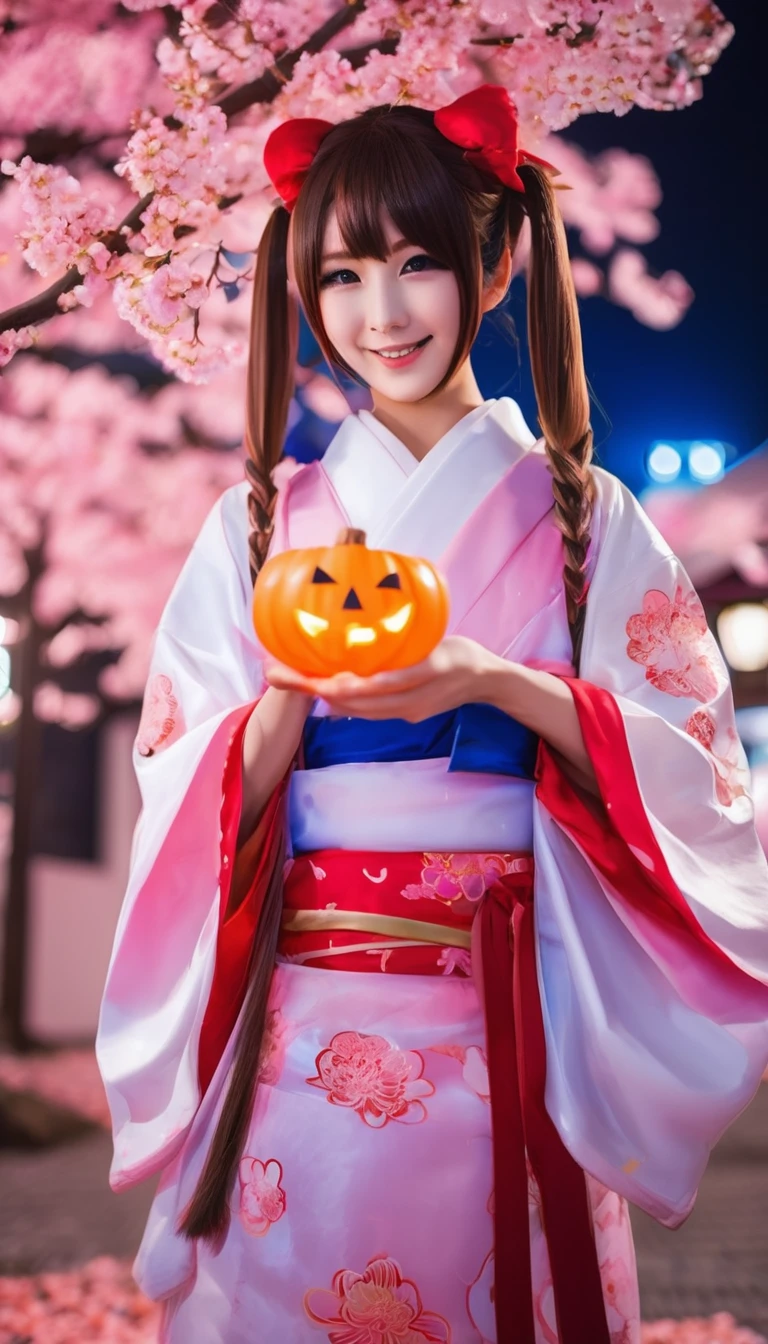 "Japanese Halloween, people dressed in anime, manga, and movie character cosplays, K-pop idol group costumes, traditional Japanese elements (optional: like lanterns or cherry blossoms), festive atmosphere, photorealistic style, night scene"