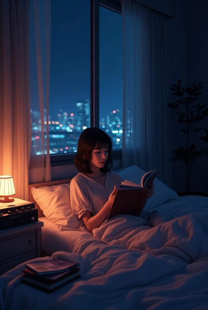 The most beautiful girl reading books in the bedroom at night during the rain outside