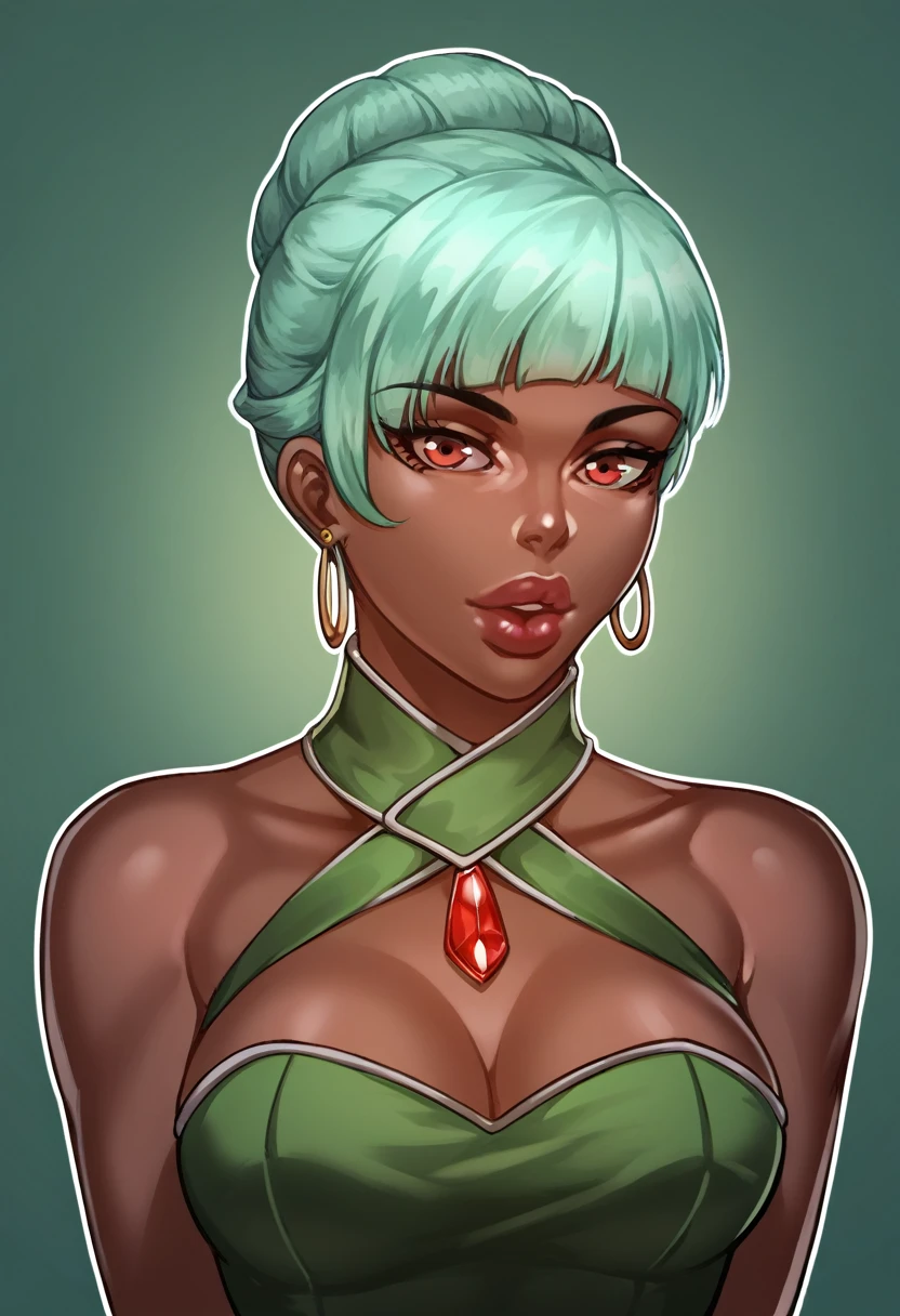 score_9_up, score_8_up, score_7_up,score_6_up, score_5_up, score_4_up, rating_questionable, Source_anime, emerald sustrai from rwby, uncensored, full lips, green hair, dark brown skin, zPDXL2, red eyes, full lips, medium breasts,
