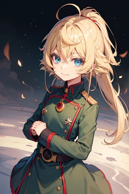 Superior quality, Masterpiece, ultra high resolution, image of a 1 blonde girl with short hair and blue eyes wearing a green Soviet military uniform with a Soviet military cap she is in a snowy field smiling sadistically