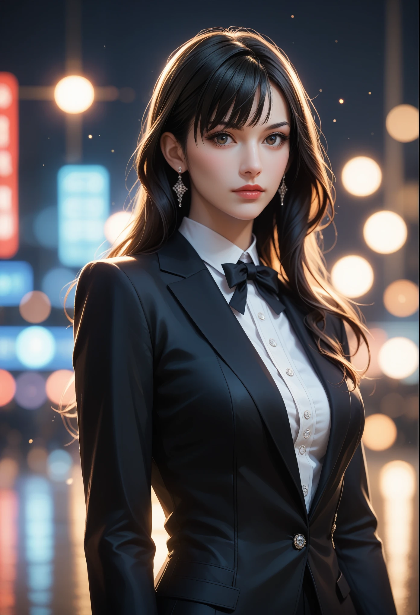 score_9, score_8_up, score_7_up, (masterpiece, UHD, 8K, 16K, ultra detailed), sfw, upperbody shot, 1girl, black hair, straight long hair, himecut, black tuxedo, catwalk, flashy light background, fashionista, (depth of field), bokeh, diffused light, dramatic ambient 